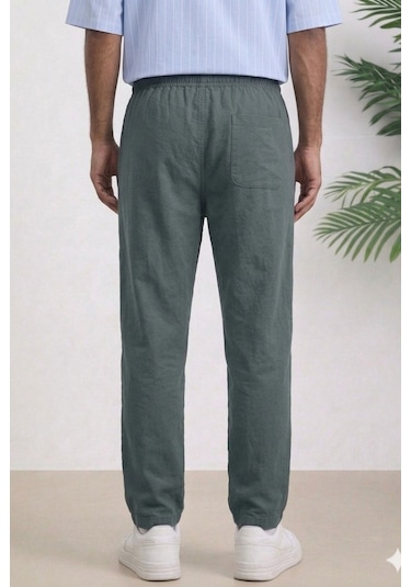 Tarz Cool Erkek Yazlık Keten Karışımı Relaxed Pantolon Açık Haki