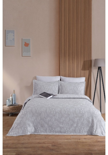 Elart Mokka Keten Görünümlü Yatak Örtüsü Pike Seti 3 Parça Çift Kişilik Gri
