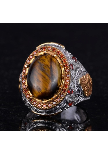 Gerçek Doğal Taş Yüzük - Sultan Yüzük - 925 Ayar Gümüş Yüzük Kaplan Gözü Gümüş