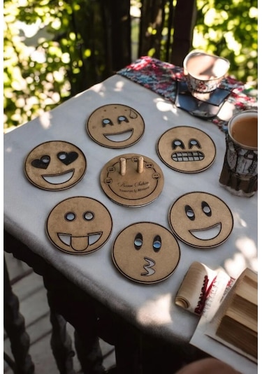 Ahşap Figürlü 6'lı Bardak Altlığı Dekoratif Silinebilir Emojiler