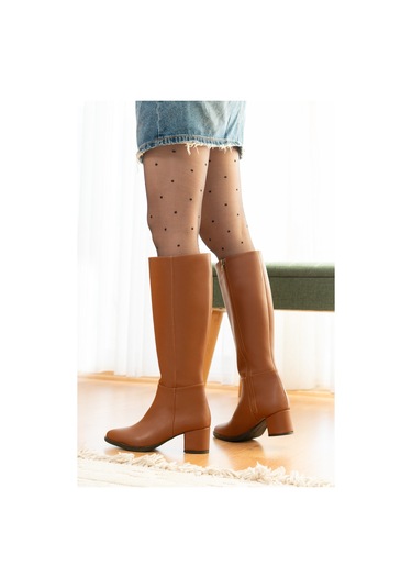 Mindy Taba Deri Topuklu 5 Cm Topuklu Yanı Fermuarlı Günlük Kullanım Çizme Taba