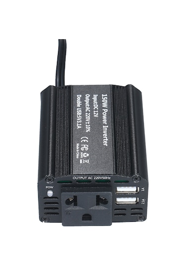 Youtek 150w Taşınabilir Araç İçin Inverter - Dc 12v'den Ac 220v'ye Dönüştürücü, 1 Ac + 2 Usb Portu, Evrensel Güç Kaynağı
