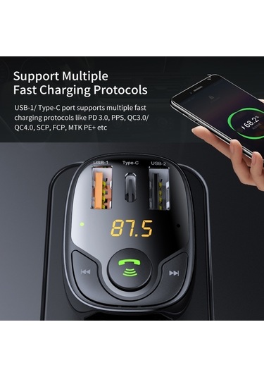 Rock B301 Çift Usb + Pd Bluetooth 5.0 Fm Verici Ve Araç Şarj Cihazı, Destek Tf Kartı / U-disk Siyah