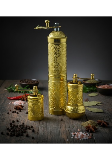 Ludıa Zamak Metal Altın Renk 3 Lü Set Karabiber,kahve,çörek Otu El Değirmeni Öğütücü Grinder S2 Altın