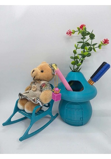 Kalemlik-ayıcık- Turkuaz- Sima Mantar Çiçekli Üç Gözlü Kalemlik Düzenleyici Turkuaz