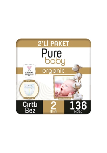 Pure Baby Organik Pamuklu Cırtlı Bez 2'li Paket 2 Numara Mini 136 Adet 2'li