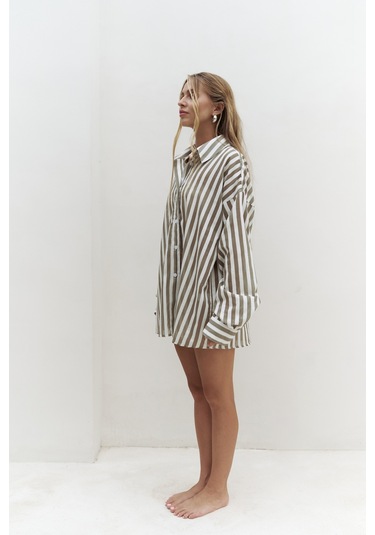 Rosy Transparan Çizgili Haki Oversize Gömlek Haki