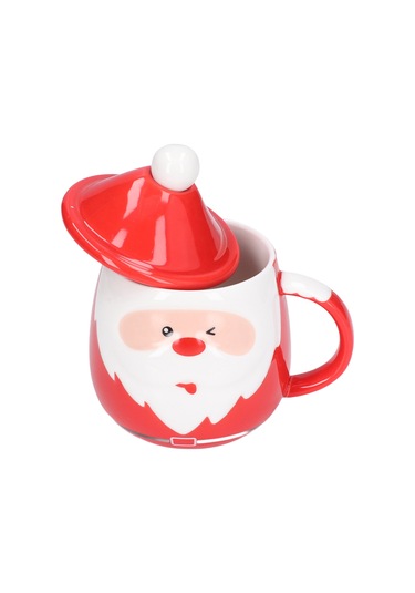 Yaleker Noel Baba Desenli Seramik Bardak, 450ml Kapasite, Kapağı Ve Kaşığı İle, Çay Kahve Süt İçin, Ev Ofis Kullanıma Uygun Diğer