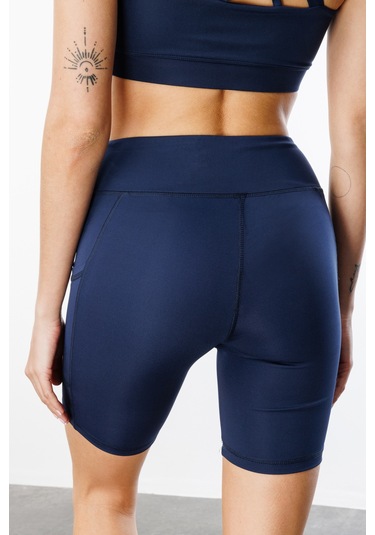 Yüksek Bel Toparlayıcı Çift Cepli Biker Şort Kısa Spor Tayt Kısa-tayt Lacivert