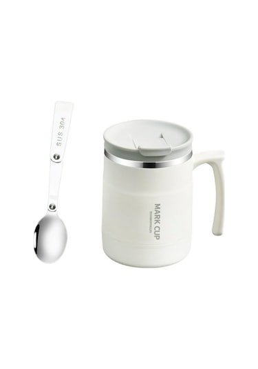 Kosona 500ml Çift Katlı Paslanmaz Çelik Portatif Kahve Bardak, Kollü Kapaklı Ve Çatırtılabilir Kaşık İçeren, Ofis Ve Seyahat İçin Uygun Beyaz