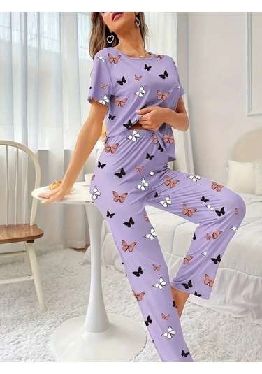 Supplierby Kadın Kısa Kollu Bisiklet Yaka Kelebek Baskılı Süprem Ikili Takım Mor