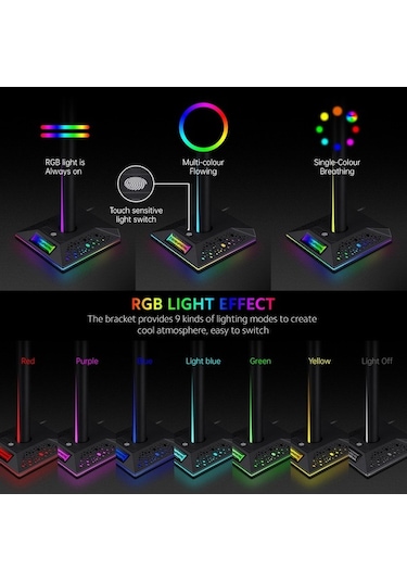 Fastbuy Rgb Işık Kulaklık Tutucu, Usb Genişletme, 3.5mm Jack, Siyah Abs-alüminyum, Ayrılabilir Tasarım
