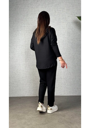 S-pazarım Kadın Uzun Kollu Kapşonlu Bağcıklı Viskon Iki Iplik Bluz Ve Pantolon Ikili Takım Siyah