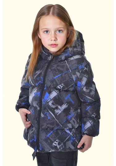 Kız Çocuk Dijital Desen Polar Su Ve Rüzgar Geçirmez Kapüşonlu Şişme Kışlık Mont Siyah
