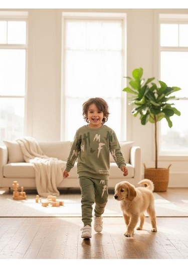 Zekids Erkek Çocuk Pamuklu Baskılı Eşofman Takım-16324 Yeşil