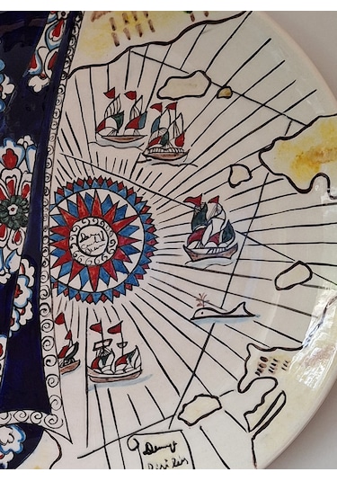 El Yapımı Piri Reis Desenli Çini Tabak