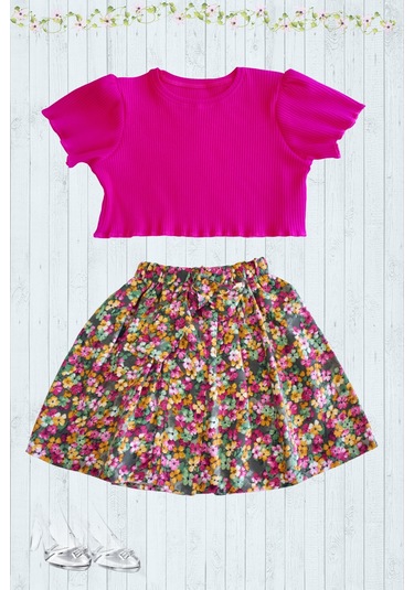 Etekli Crop Takım, Pamuklu Çiçekli Etek - Pamuklu Fuşya Crop Fuşya-çiçekli1 Fuşya