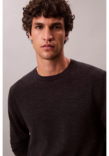 Erkek Regular Fit Merinos Yünü Triko Kazak - Antrasit Melanj Gunmetal Htr