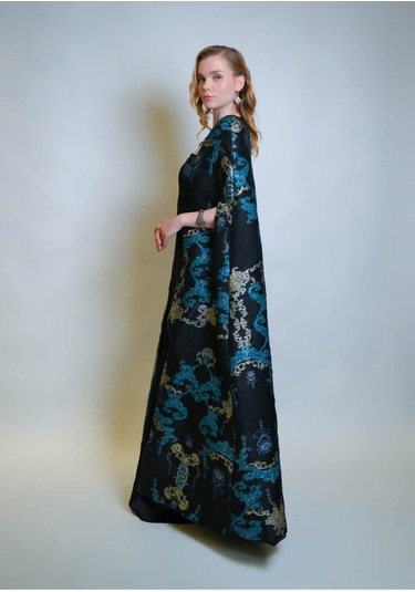 Crystalia Özel Turkuaz Desen Jakar Kumaş Ve Straplez Saten Elbise Kaftan Set Çok Renkli