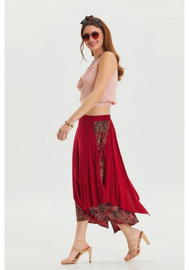 Bağlama Detaylı Beli Lastikli Salaş Etek Kırmızı