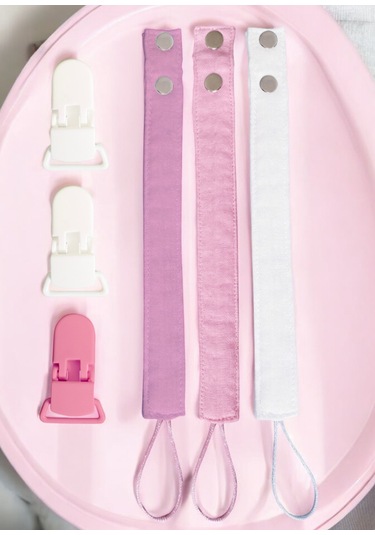 Joyous Mom Kids 3'lü Pamuk Müslin Bebek Emzik Askısı Plastik Klips Tutacaklı Açık Pembe - Gülkurusu