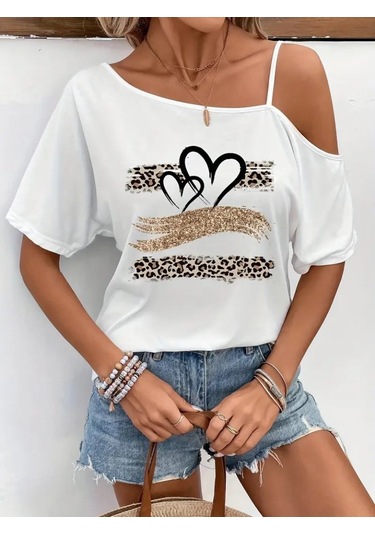 Modaserdem Kadın Tek Omuzu Açık Ip Askılı Baskılı Viskon Bluz Beyaz