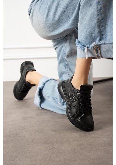 Shoetek Beatriz Kadın Sneakers Yandan Taşlı Bağcıklı Spor Ayakkabı Siyah Siyah