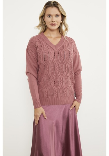 V Yaka Motifli Triko Kazak - Gül 001