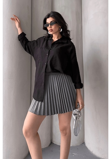 Paw Garage Kadın Harper Çift Cepli Oversize Keten Gömlek, 2025 Summer Collection Siyah