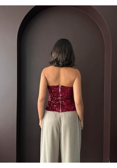 Topshow Straplez Bluz Yılbaşı Bordo