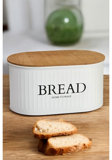 Ahşap Kapaklı Metal Ekmeklik Beyaz Modern Tasarım Beyaz