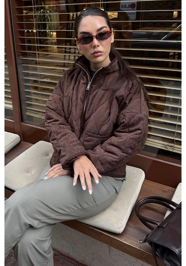 Acı Kahverengi Dik Yaka Kapitone Kadın Mont Mg2568 Acı Kahverengi