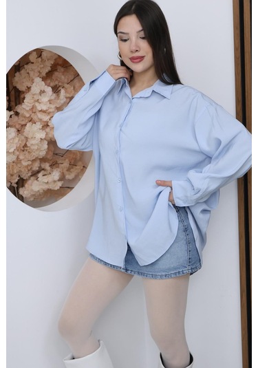 Kadın Mavi Oversize Uzun Basic Gömlek