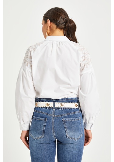 Kadın Nakış Detaylı Pamuk Gömlek Düğmeli, Uzun Kollu, %100 Cotton Beyaz