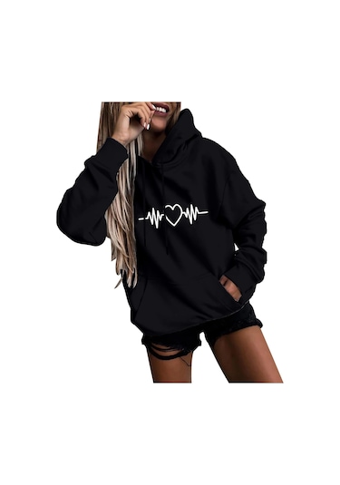 Kaixinjiuhao Kadın Moda Rahat Eğlenceli Baskı Kapşonlu Kazak Gevşek Spor Üstleri Kazak Siyah