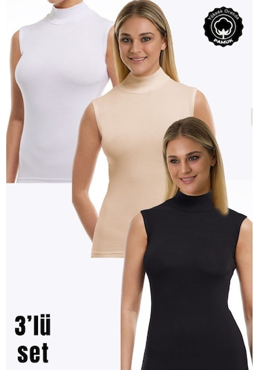 Parlingerie Kadın Sıfır Kol Boğazlı Body 3lü Set Siyah - Beyaz - Ten
