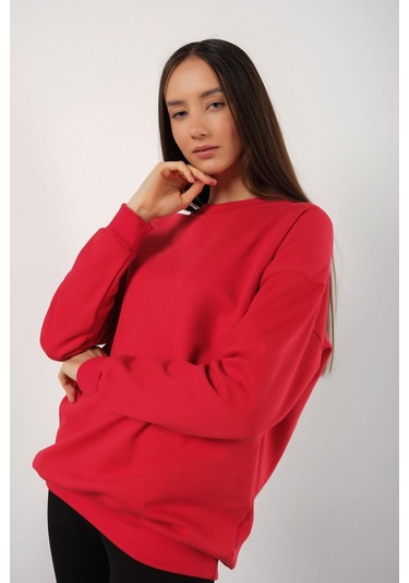 Modagen Kadın Kırmızı Focus Sırt Baskılı Bisiklet Yaka Oversize Sweatshirt Kkırmızı