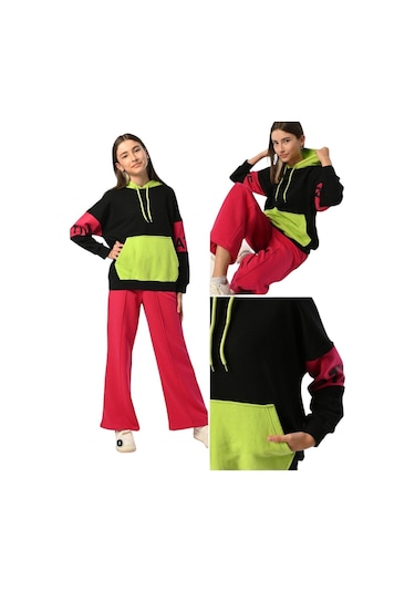 Kız Çocuk Kapüşonlu Neon Renk Bloklu Tasarım Sweatshirt-13397-siyah Siyah