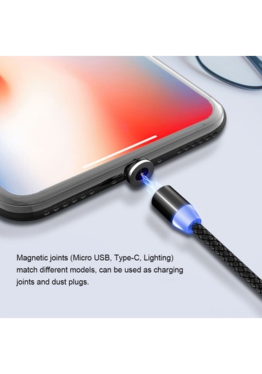 Skycity 2m Usb Şarj Kablosu, 360 Döner Manyetik Bağlantı, Led Işık, Lightning/micro Usb/type-c Uçları, Nilon+alüminyum, Hızlı Şarj, Siyah/kırmızı/gümüş/altın Seçenekleri