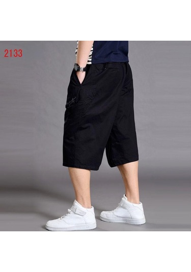 Yaz Erkek Gevşek Kargo Pantolon Rahat Büyük Artı Boyutu Geniş Bacak Çok Yönlü Şort Kırpılmış Pantolon Eşofman Altı Siyah