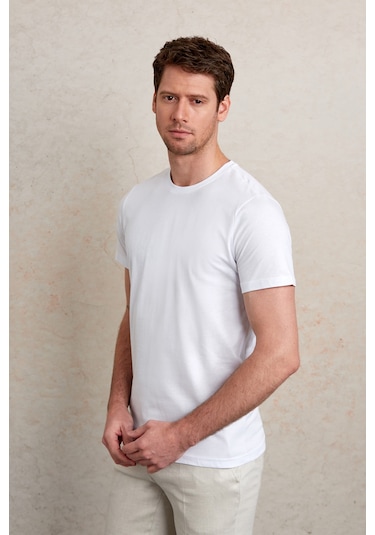 Hatemoğlu Regular Fit Pamuk Bisiklet Yaka Baskılı Jersey Erkek Tişört Beyaz