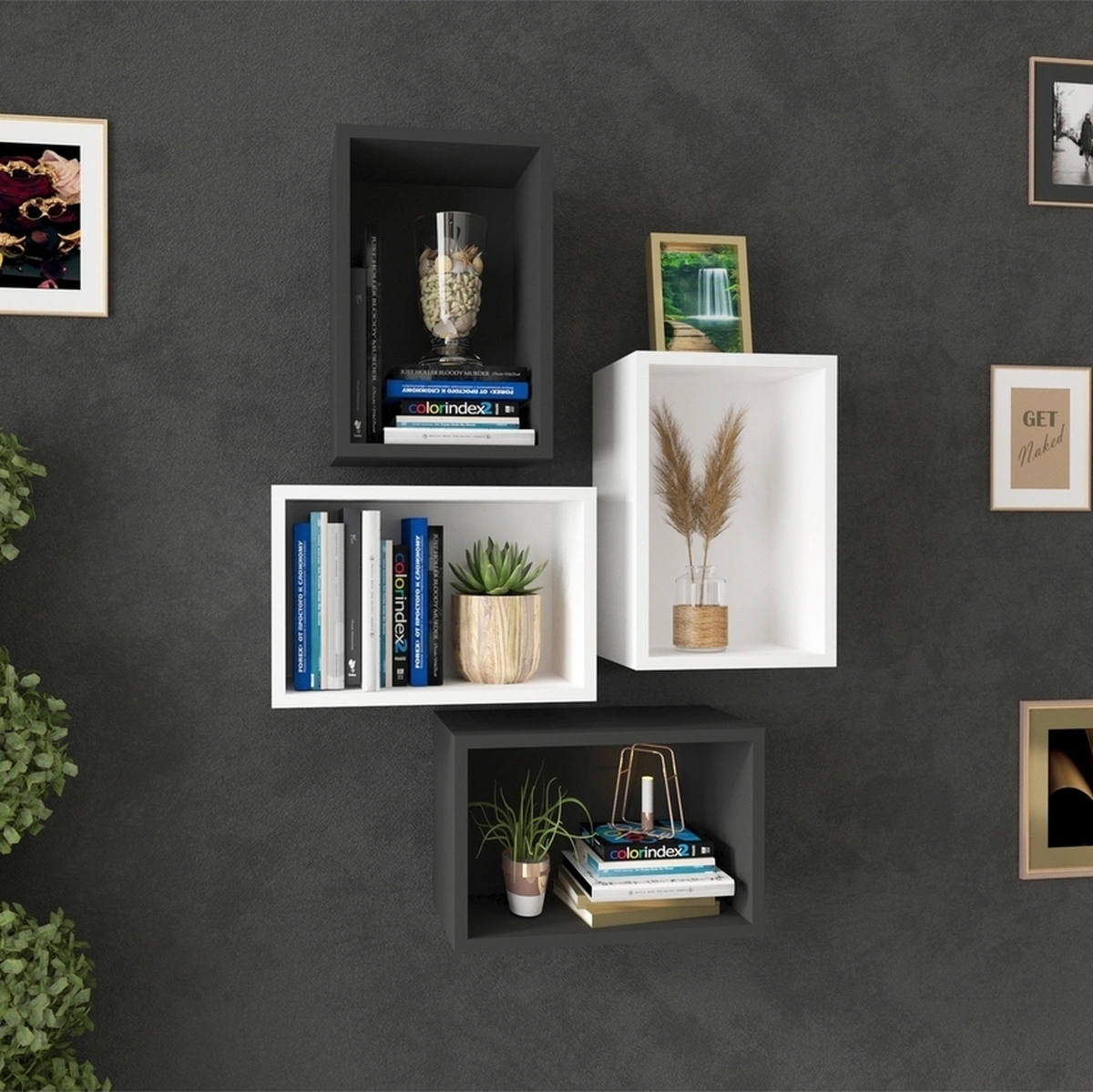 Kitaplık Dikdörtgen Duvar Rafı Arkalıklı Mobilya Takım Beyaz Antrasit Beyaz Antrasit