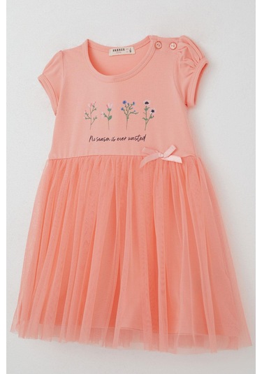 Breeze Kız Çocuk Elbise Çiçek Baskılı Tüllü Fiyonk Detaylı 1.5-5 Yaş, Somon SOMON