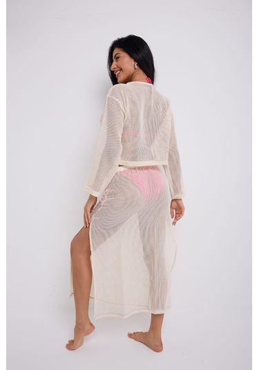 Yırtmaçlı Uzun File Etek Ekru