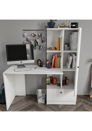 Merlin Mobilya Minör Çalışma Masası Ve 7 Bölmeli Kitaplık Beyaz