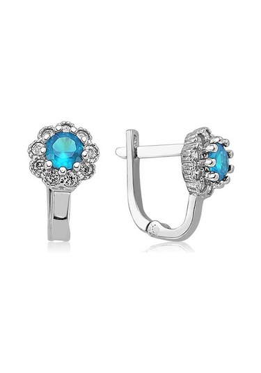 Supertrend Gümüş Turkuaz Çiçek Desenli Yuvarlak J Kadın Küpe Gümüş