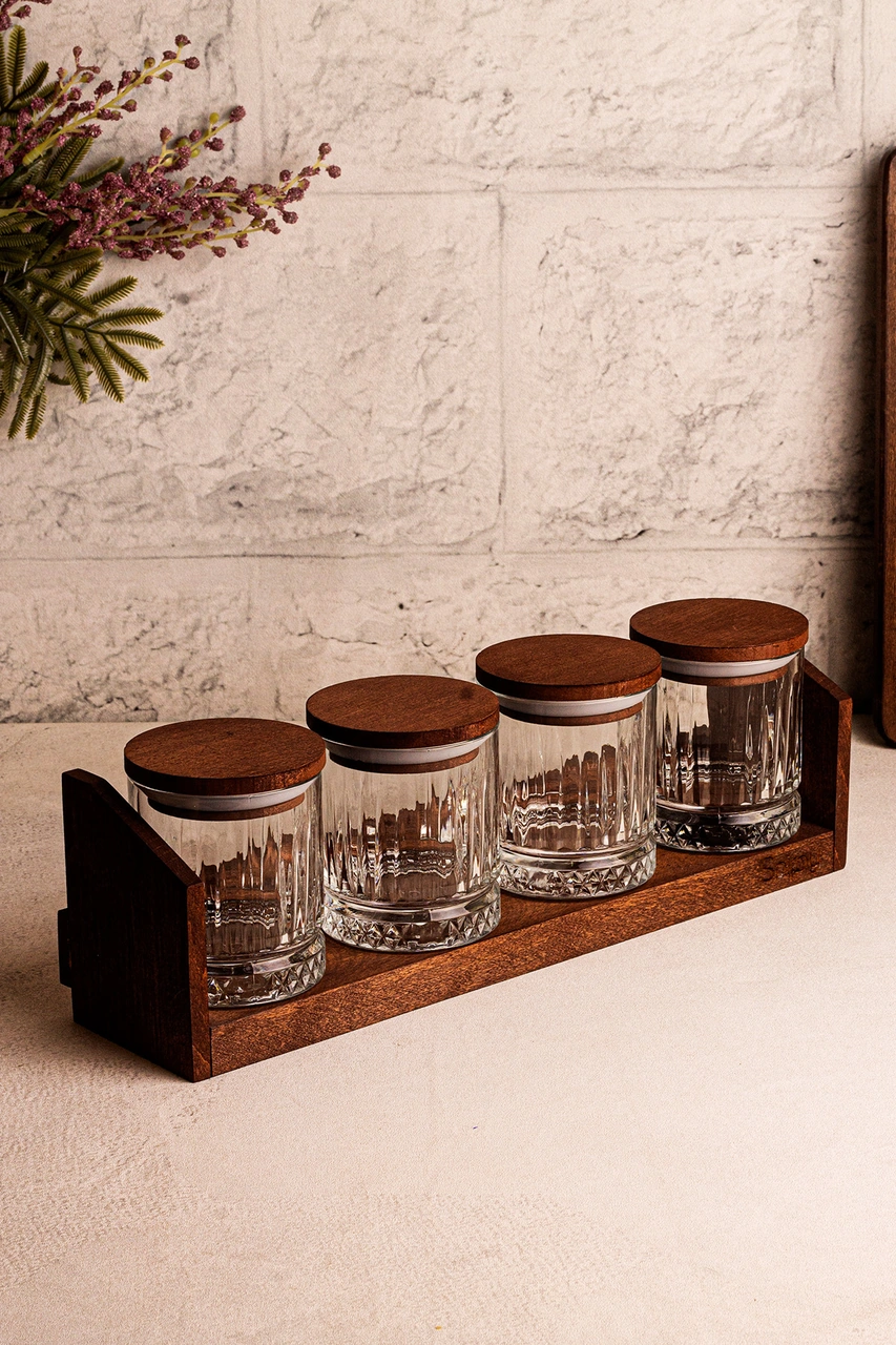 Mira Küçük - Standlı 4'lü Vakumlu Ahşap Kapaklı Cam Baharatlık Takımı Saklama Kabı Seti 210 Ml Ahşap