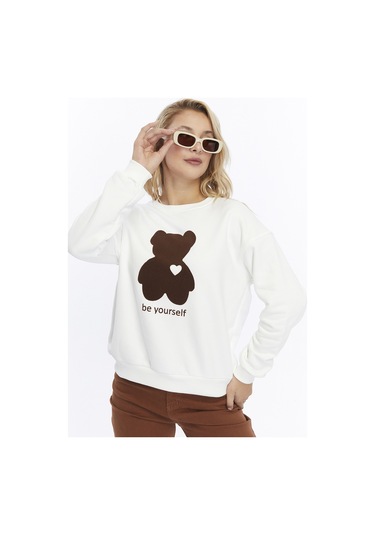 Kadife Be Yourself Desenli Ekru Yumuşak Dokulu Regular Fit Bisiklet Yaka Kadın Sweatshirt Ekru