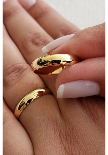 4Mm Bombeli Altın Kaplama Gümüş Alyans Çifti Tektaş Hediye Wr87