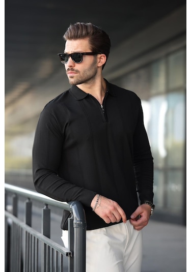 Siyah Polo Yaka Fermuarlı Erkek Kazak E7427 Siyah